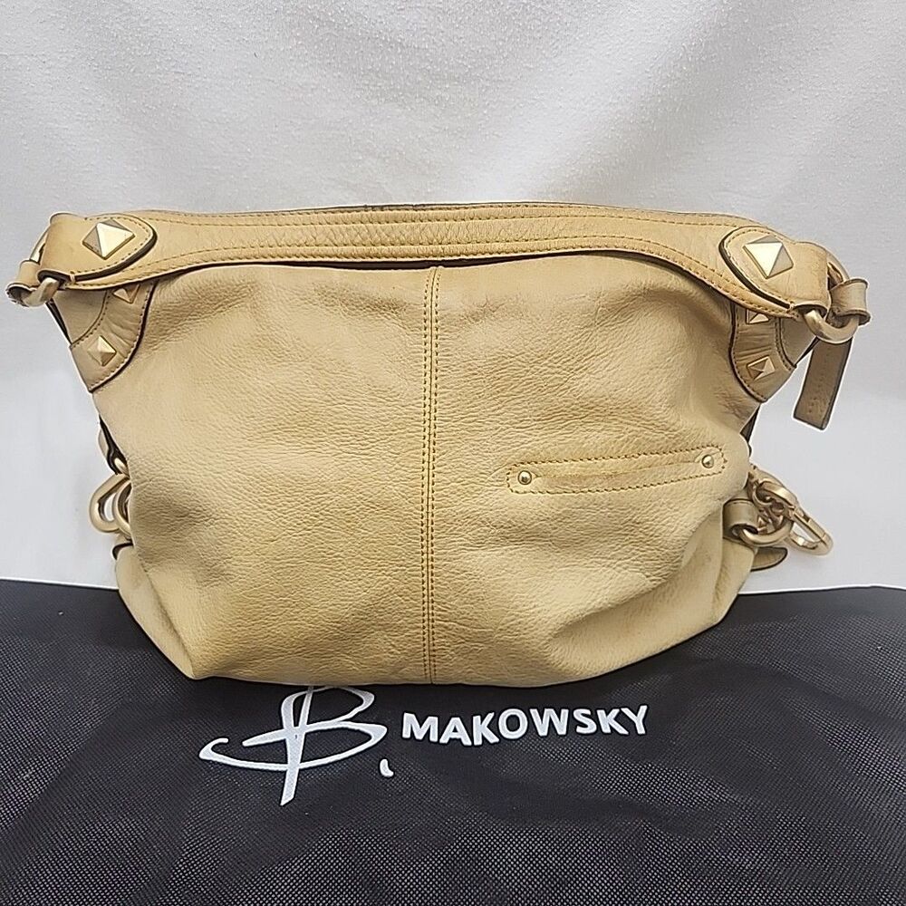 Purse B. Makowsky Beige Glove Leather Hobo Large Shoulder Handbag Side Brass